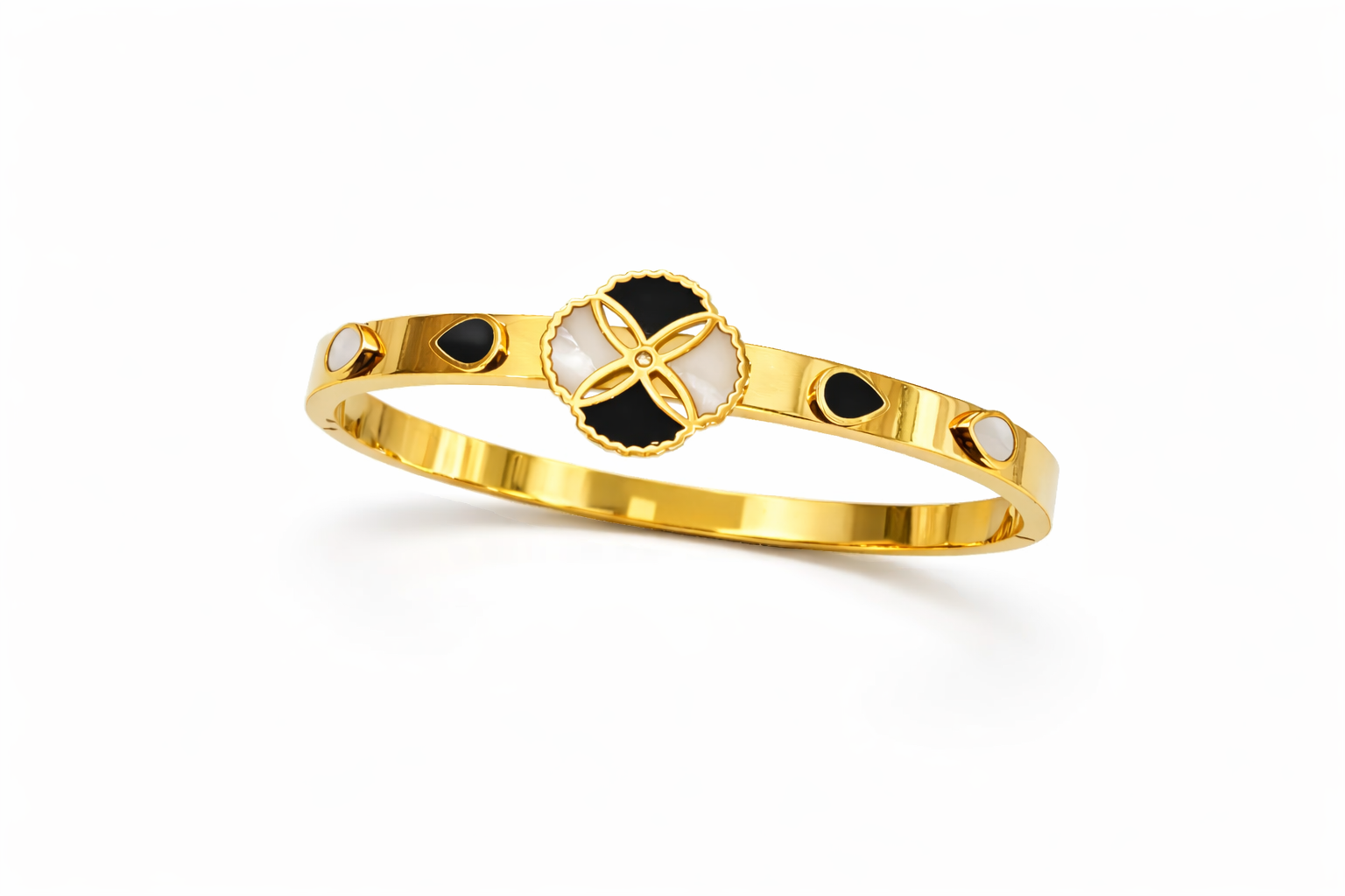 Black & White Clover Motif Gold Bangle Bracelet