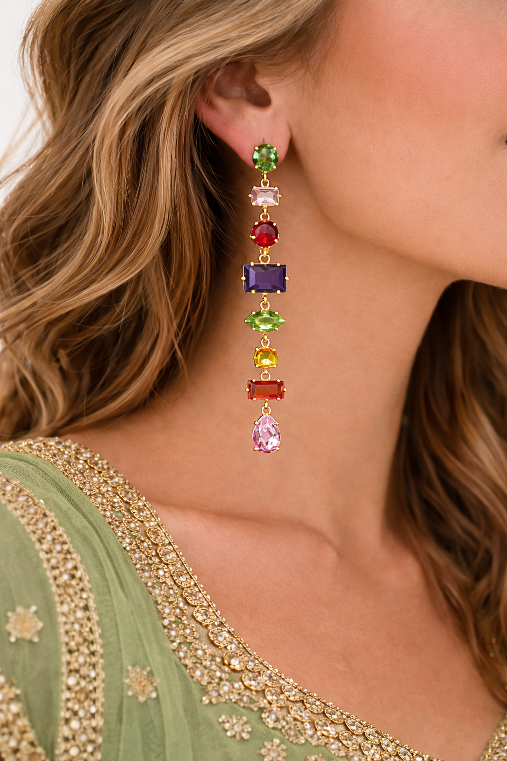 Multicolour Gemstone Drop Earrings – Gold Plated Statement Earrings for Women