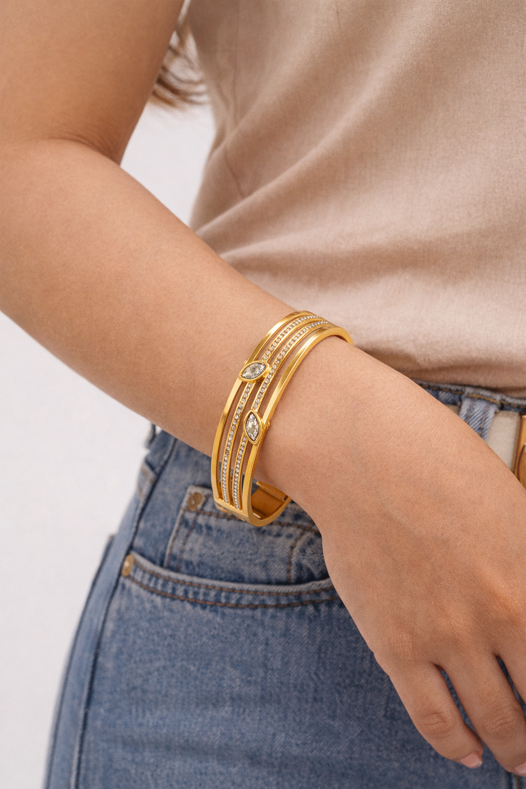 Gold-Tone Statement Bangle with Cubic Zirconia