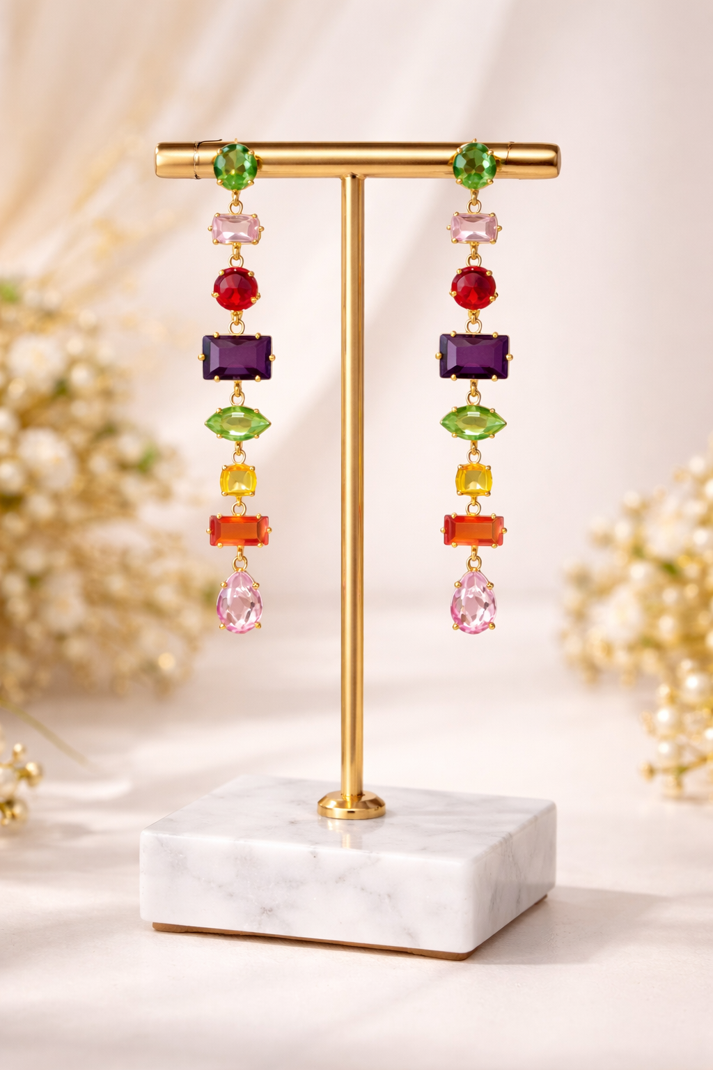 Multicolour Gemstone Drop Earrings – Gold Plated Statement Earrings for Women