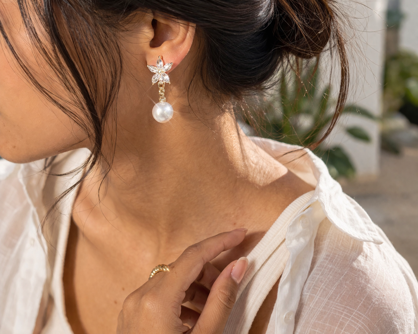 Floral Crystal Pearl Drop Clip On Earrings