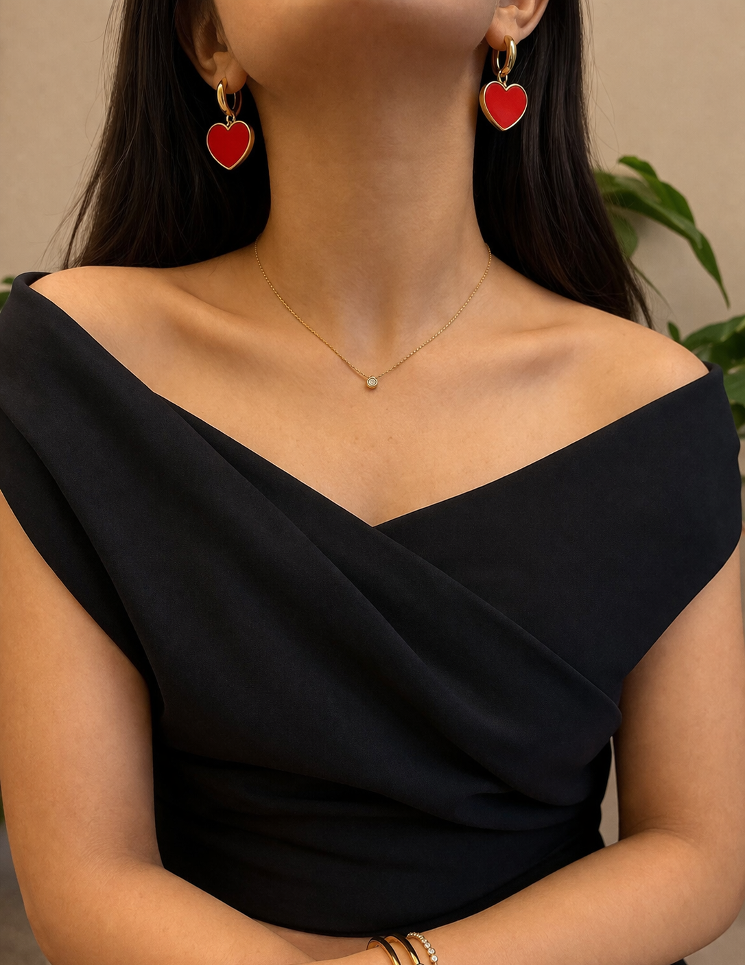 Golden Red Heart Drop Earrings