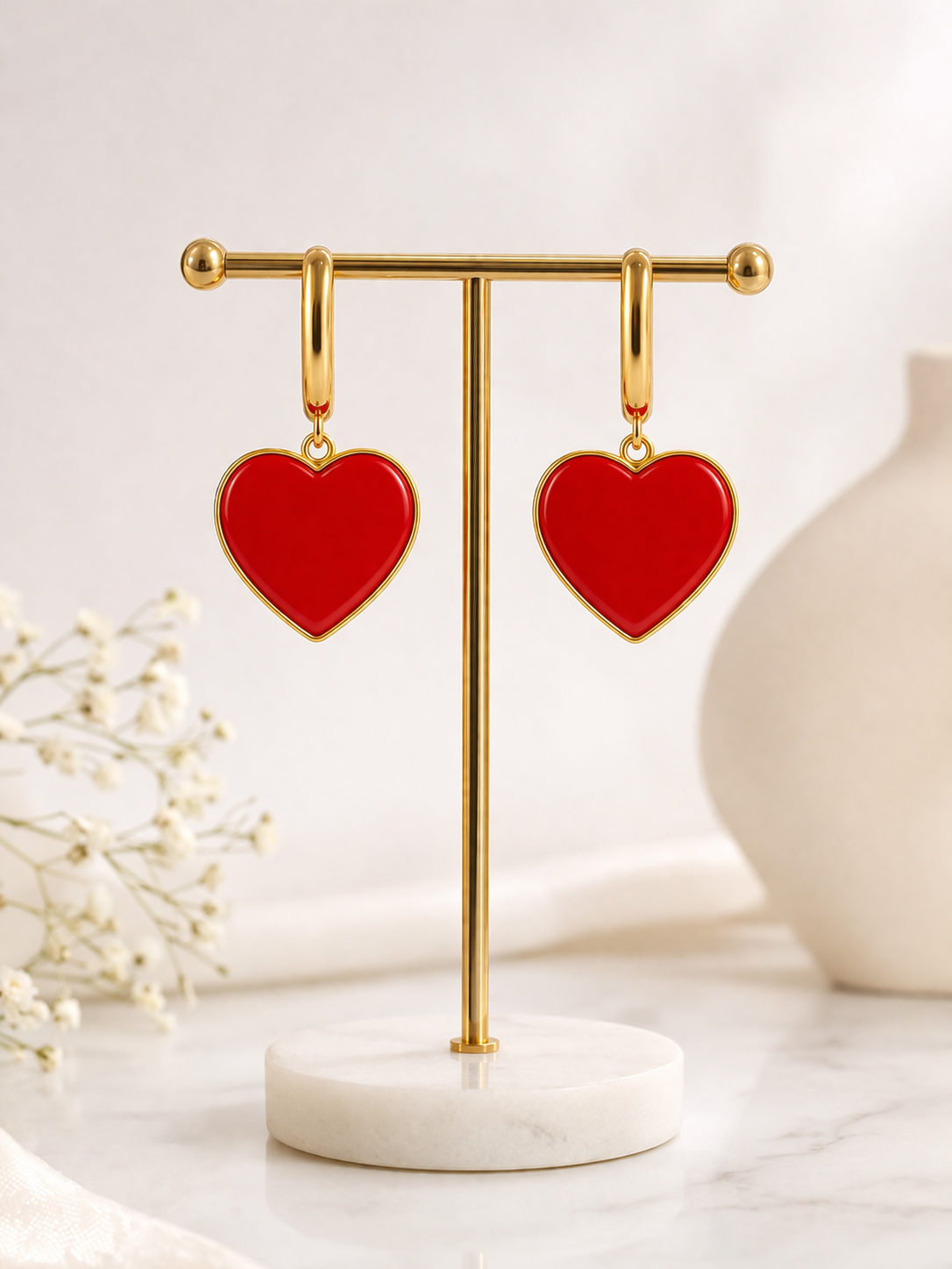 Golden Red Heart Drop Earrings