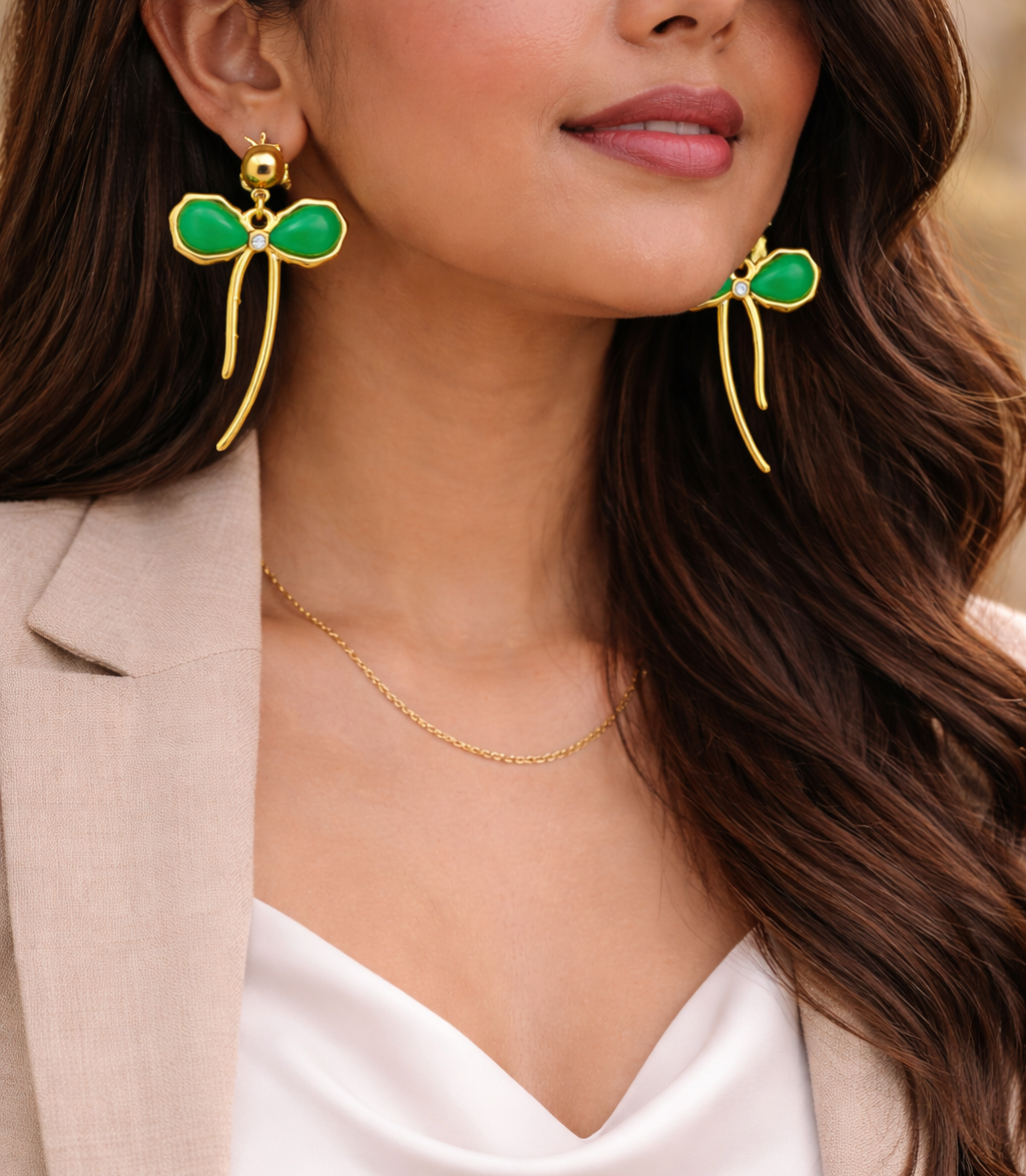 Bow Shaped Green Stone Dangle Earrings