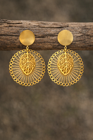 Golden Dangle Earrings With Round Mandala Leaf |3| Mehrooh