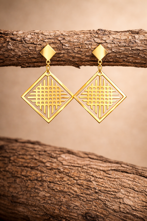 Golden Rhombus Dangle Earrings With Checkers |3| Mehrooh