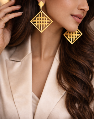 Golden Rhombus Dangle Earrings With Checkers |2| Mehrooh