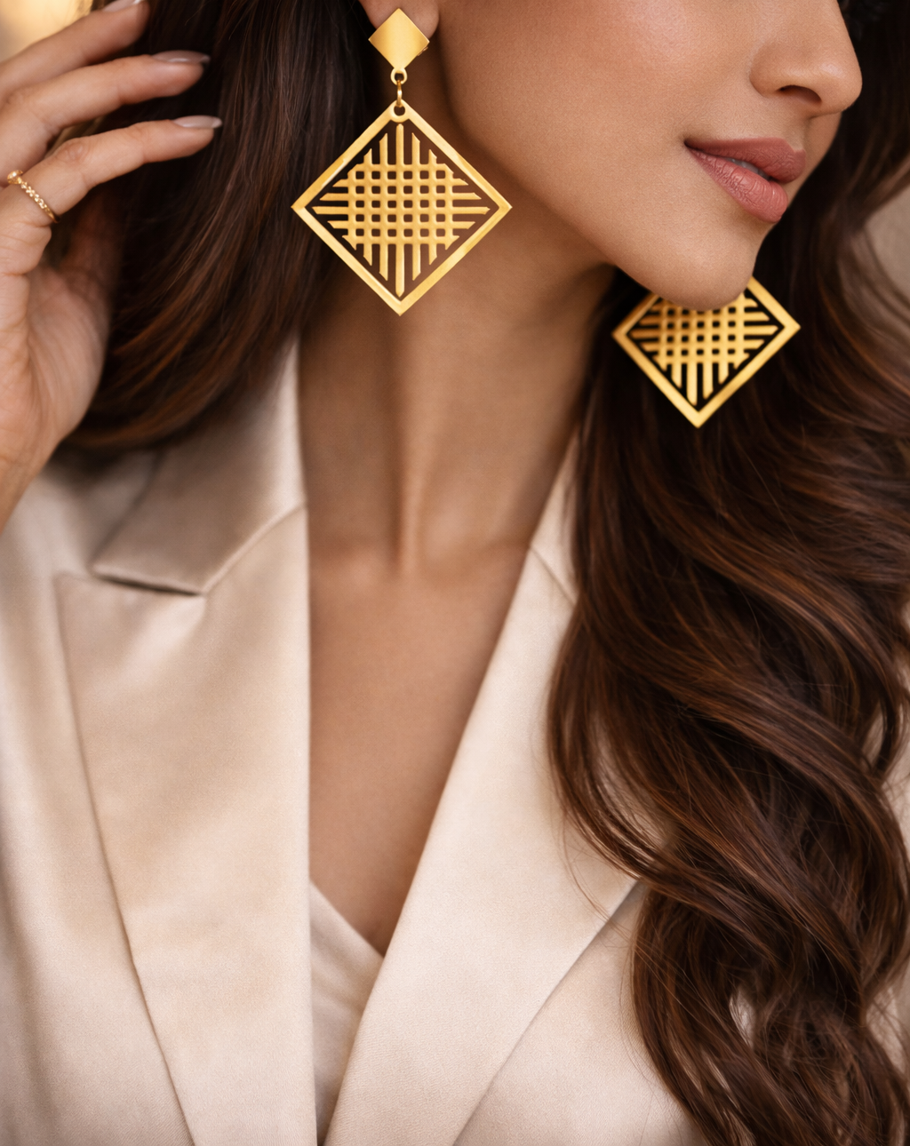 Golden Rhombus Dangle Earrings with checkers