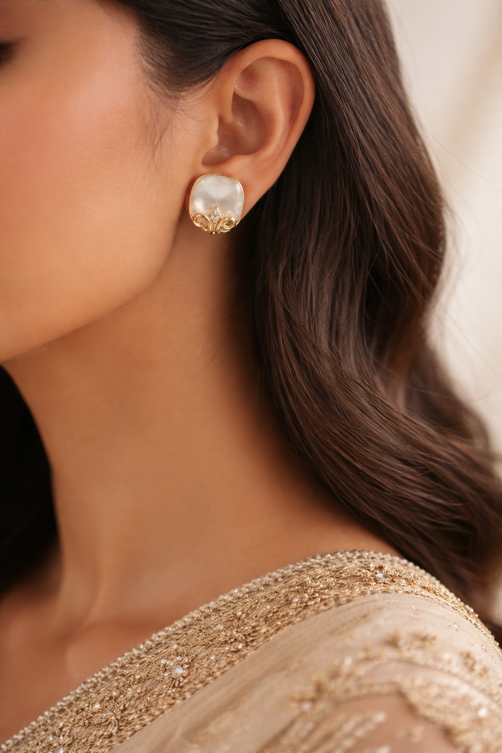 Gold Fleur Pearl Stud Earrings