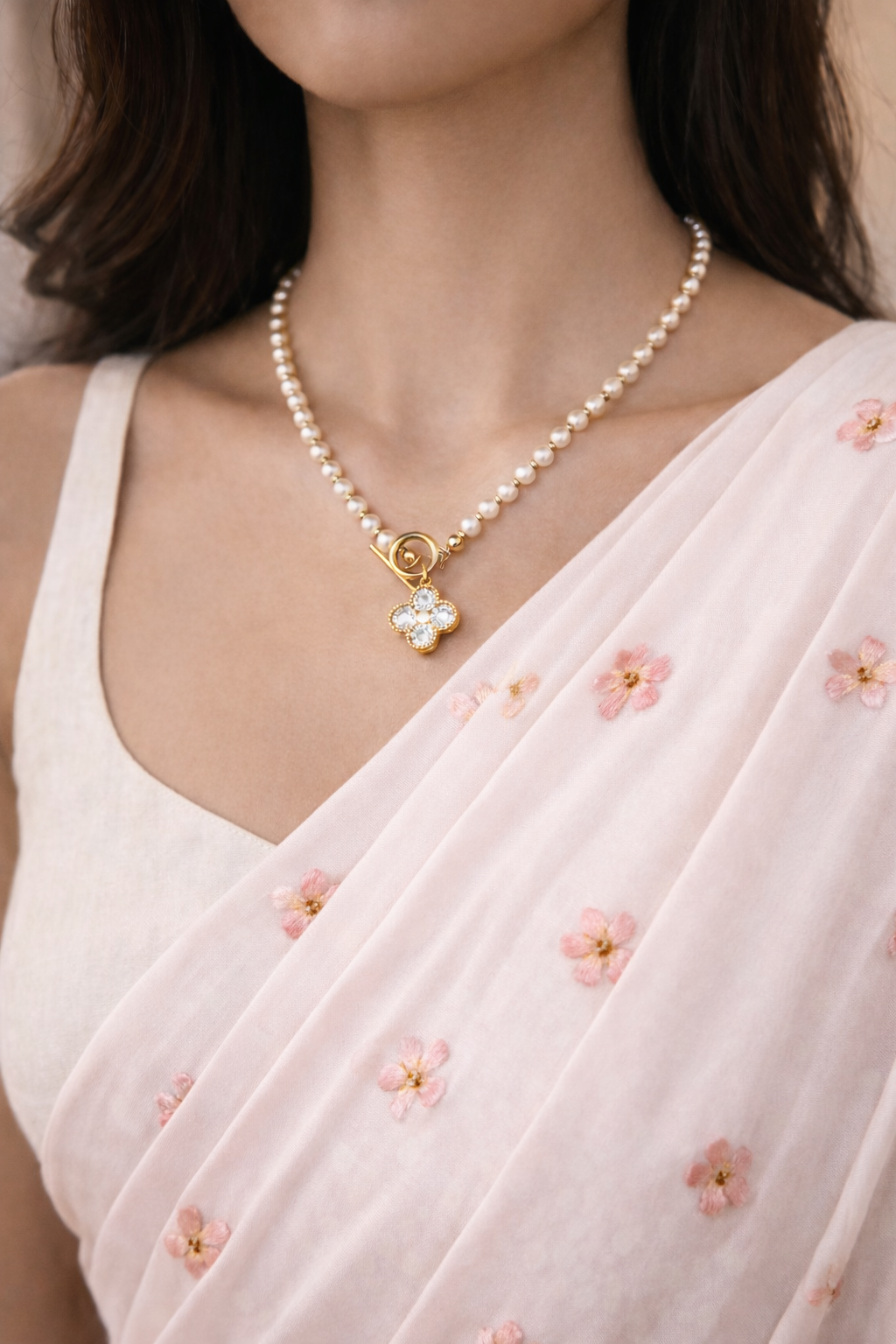 Pearl Necklace with Diamond Clover Pendant