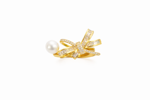 Golden Bow Ring With Pearl And Diamonds |1| Mehrooh