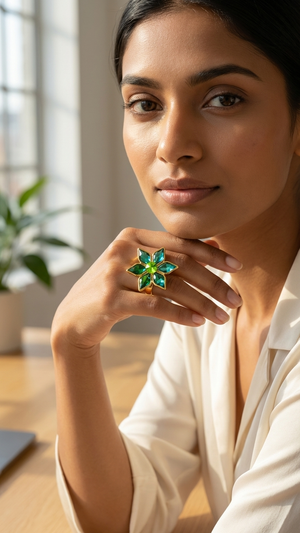 Emerald Bloom Statement Ring |5| Mehrooh