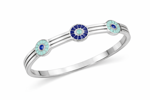 Silver bracelet with blue and green circular charms on a white background