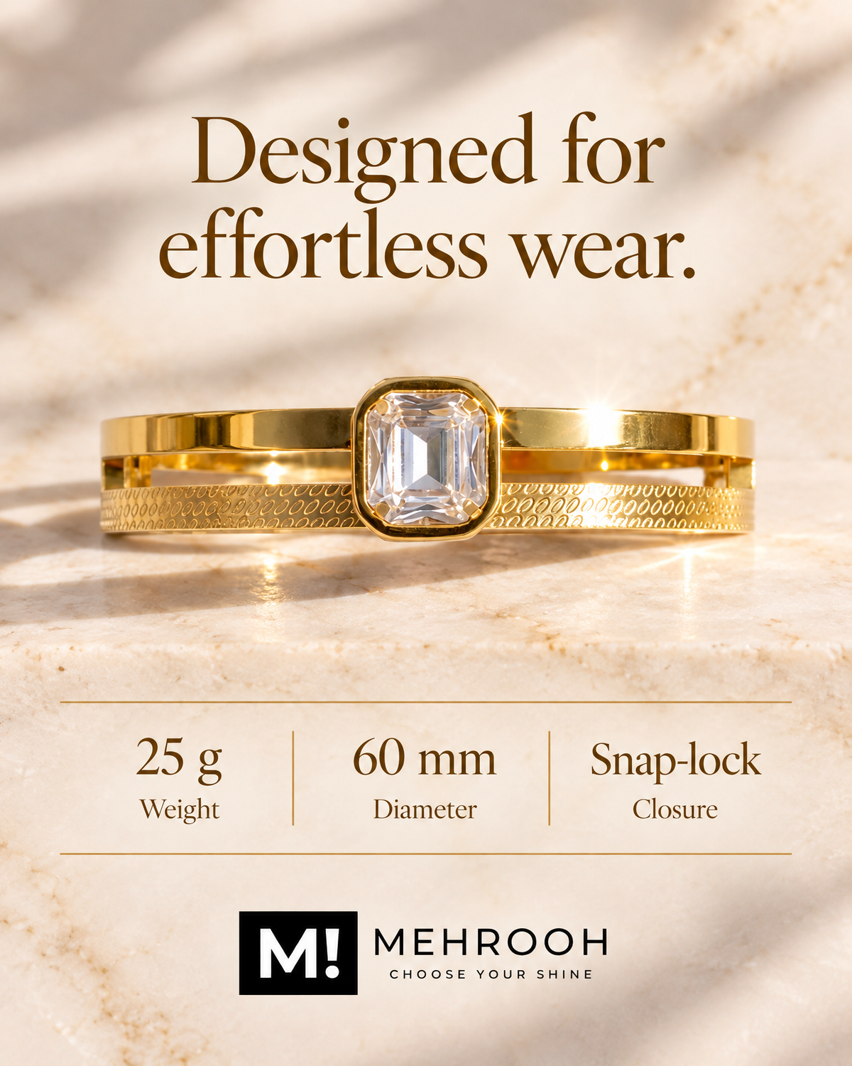 Gold snap-lock ring with a rectangular clear gemstone, displayed on a marble surface with text overlays detailing its specifications and the brand Mehrooh.