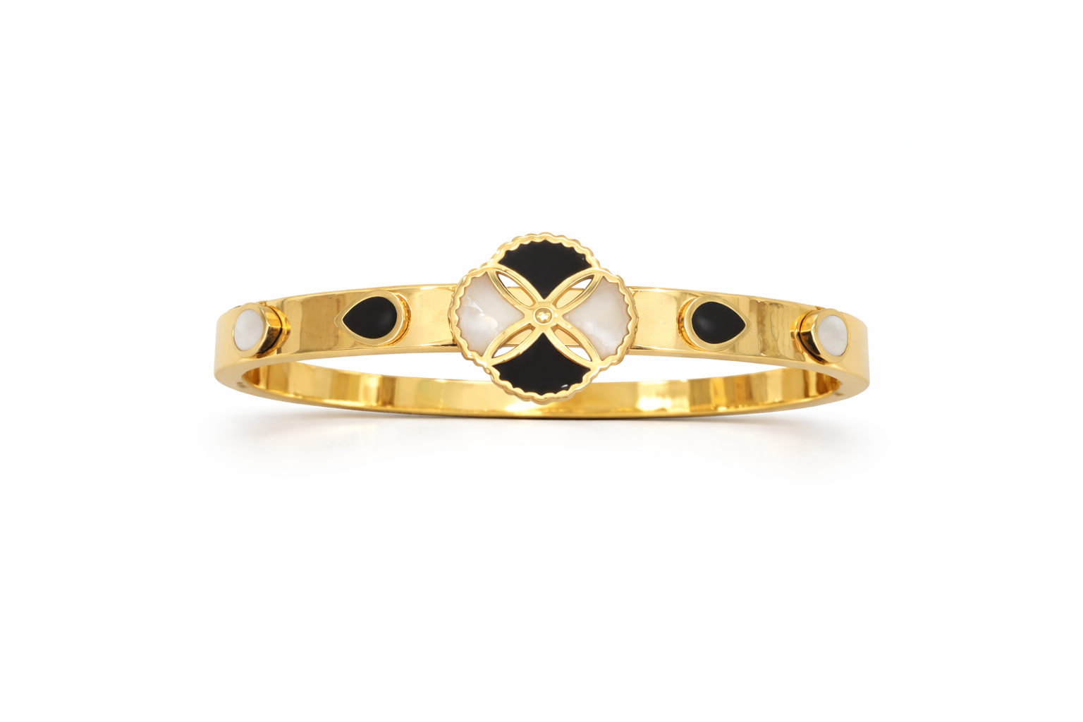 Black White Clover Motif Gold Bangle Bracelet |3| Mehrooh