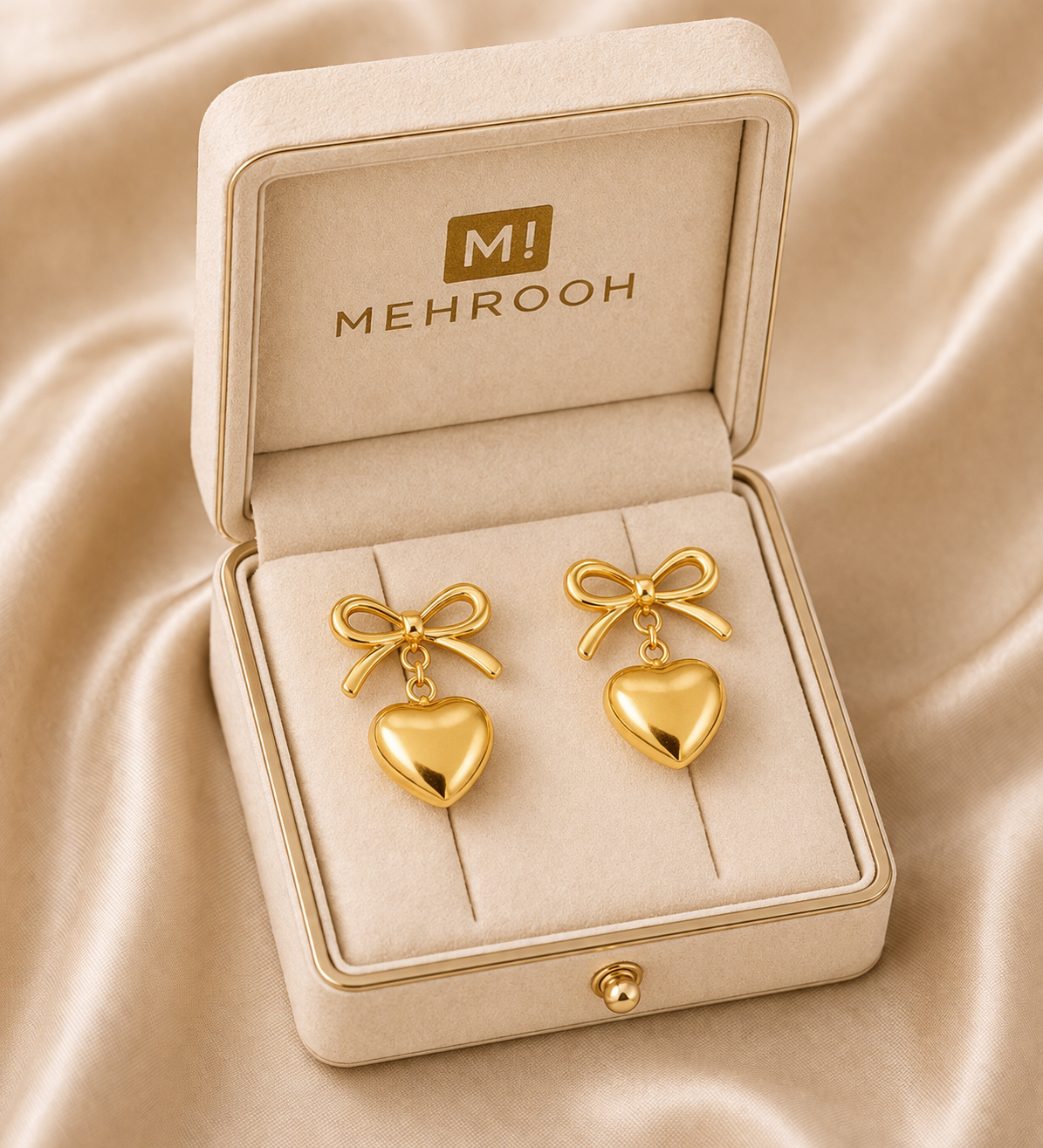 Gold Bow Heart Drop Earrings
