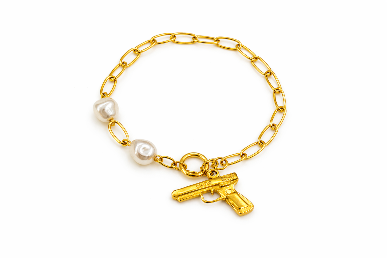 Pearl Link Statement Bracelet with Gun Charm