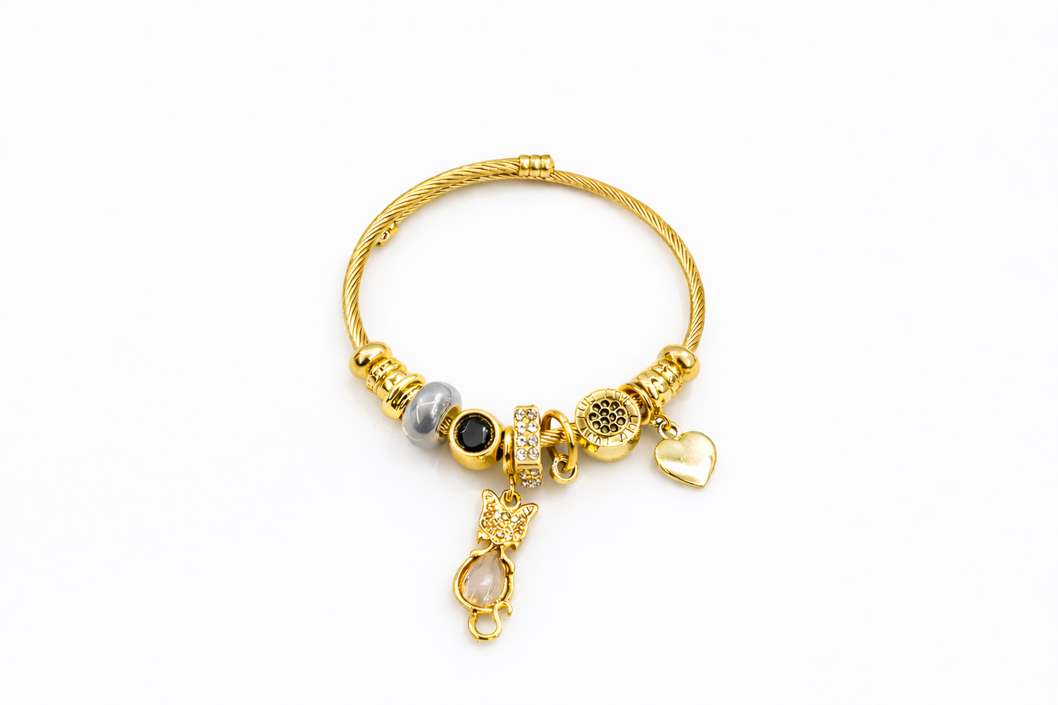 Gold-Toned Cable Bracelet with Cat Charm