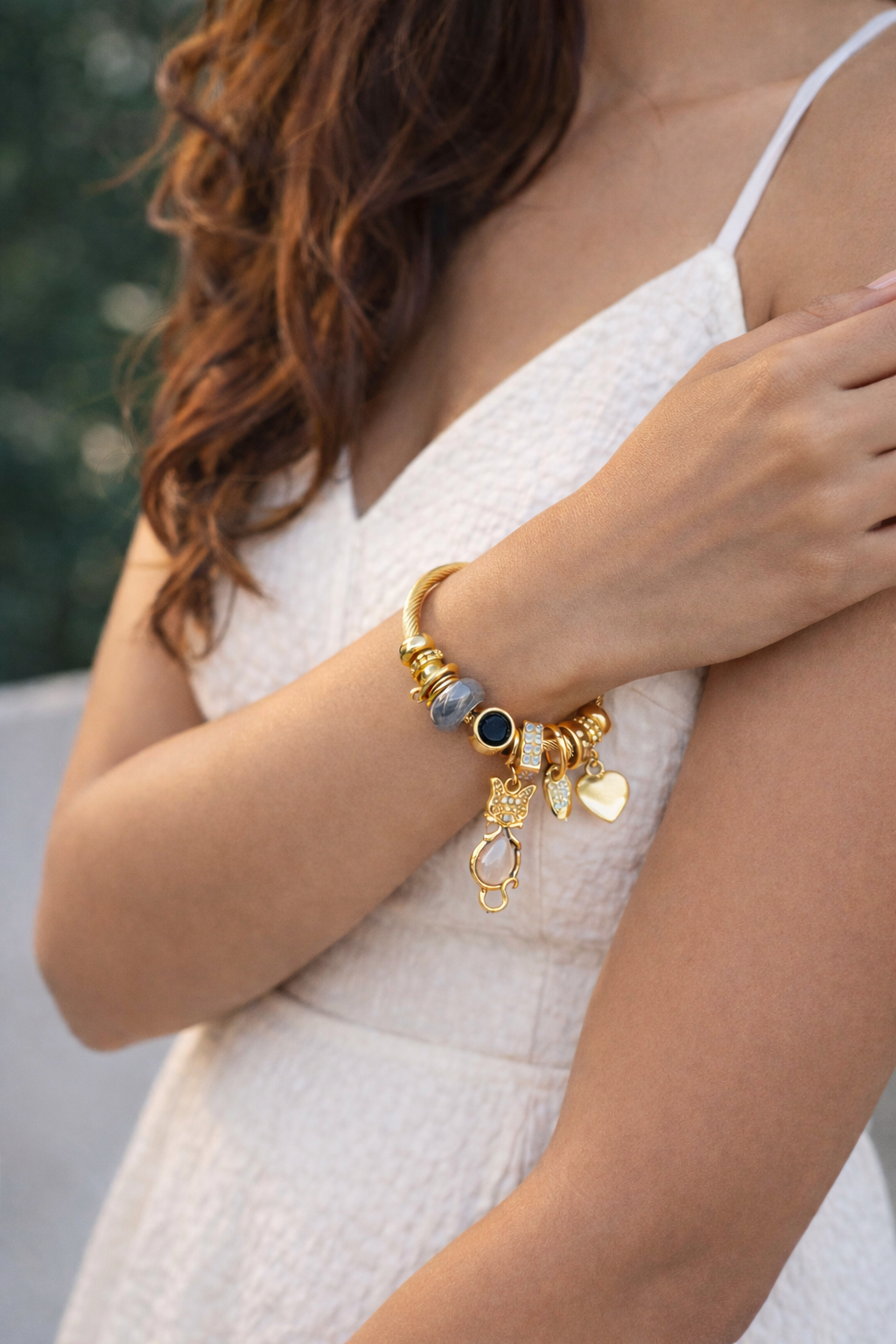 Gold-Toned Cable Bracelet with Cat Charm