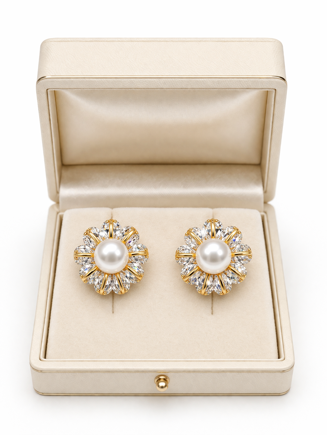 Floral Pearl Clip-On Earrings – Gold Plated Crystal Flower Studs for Non-Pierced Ears