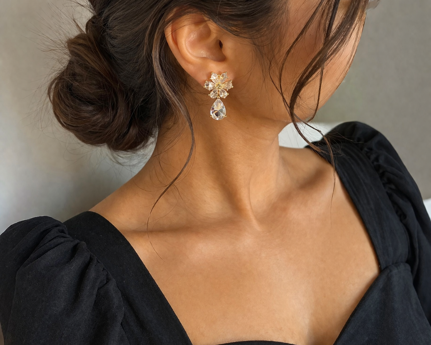 Floral Crystal Drop Clip-On Earrings – Gold Plated