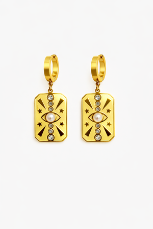 Golden Hoops With Rectangular Drop With Pearl |1| Mehrooh