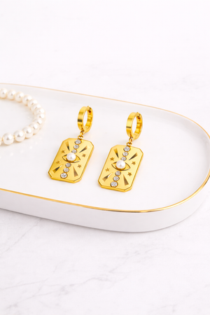 Golden Hoops With Rectangular Drop With Pearl |2| Mehrooh