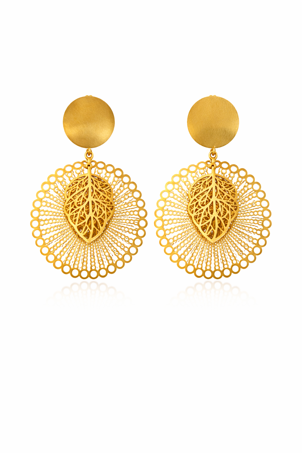 Golden Dangle Earrings with Round Mandala & Leaf