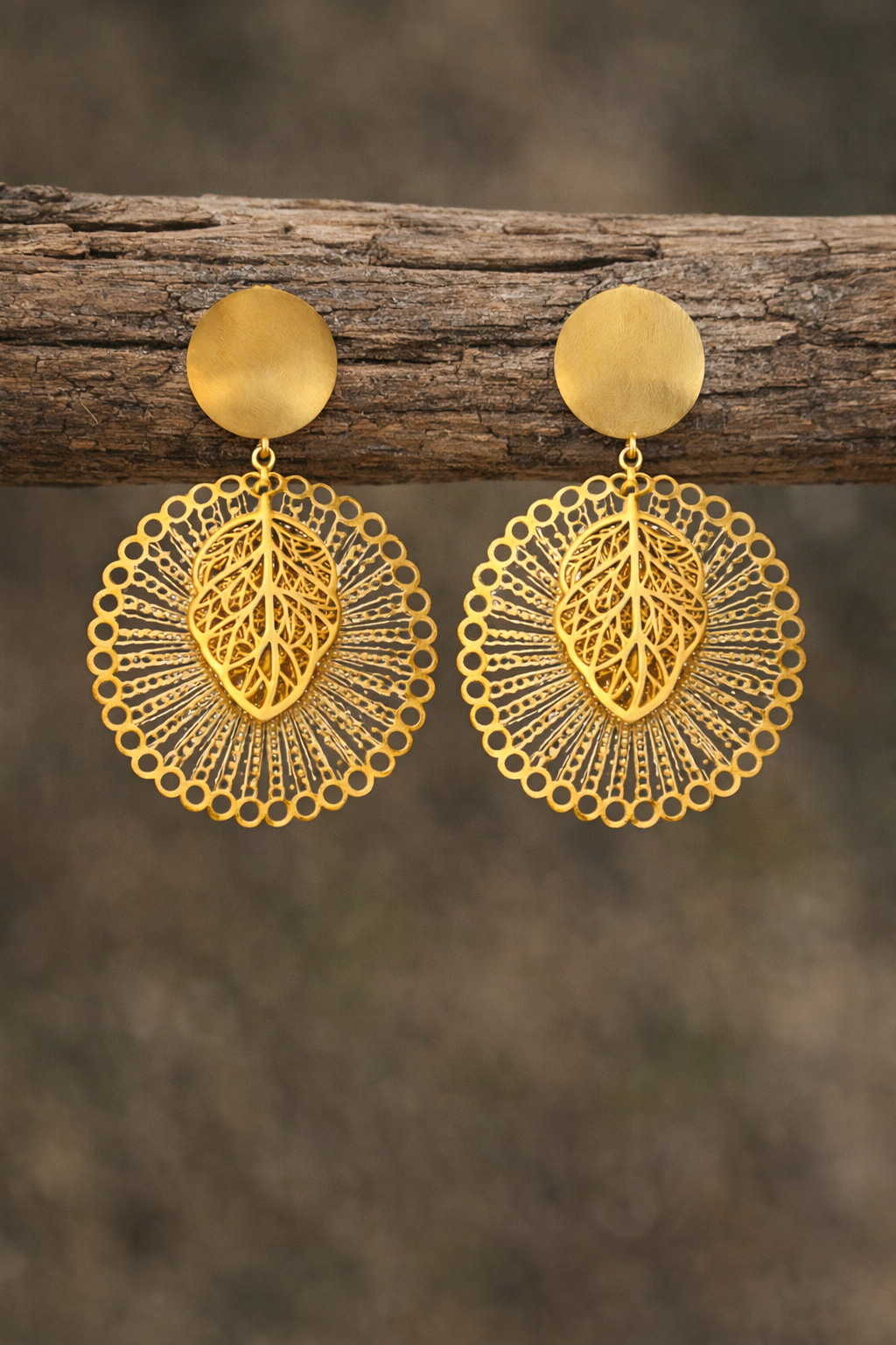 Golden Dangle Earrings With Round Mandala Leaf |3| Mehrooh