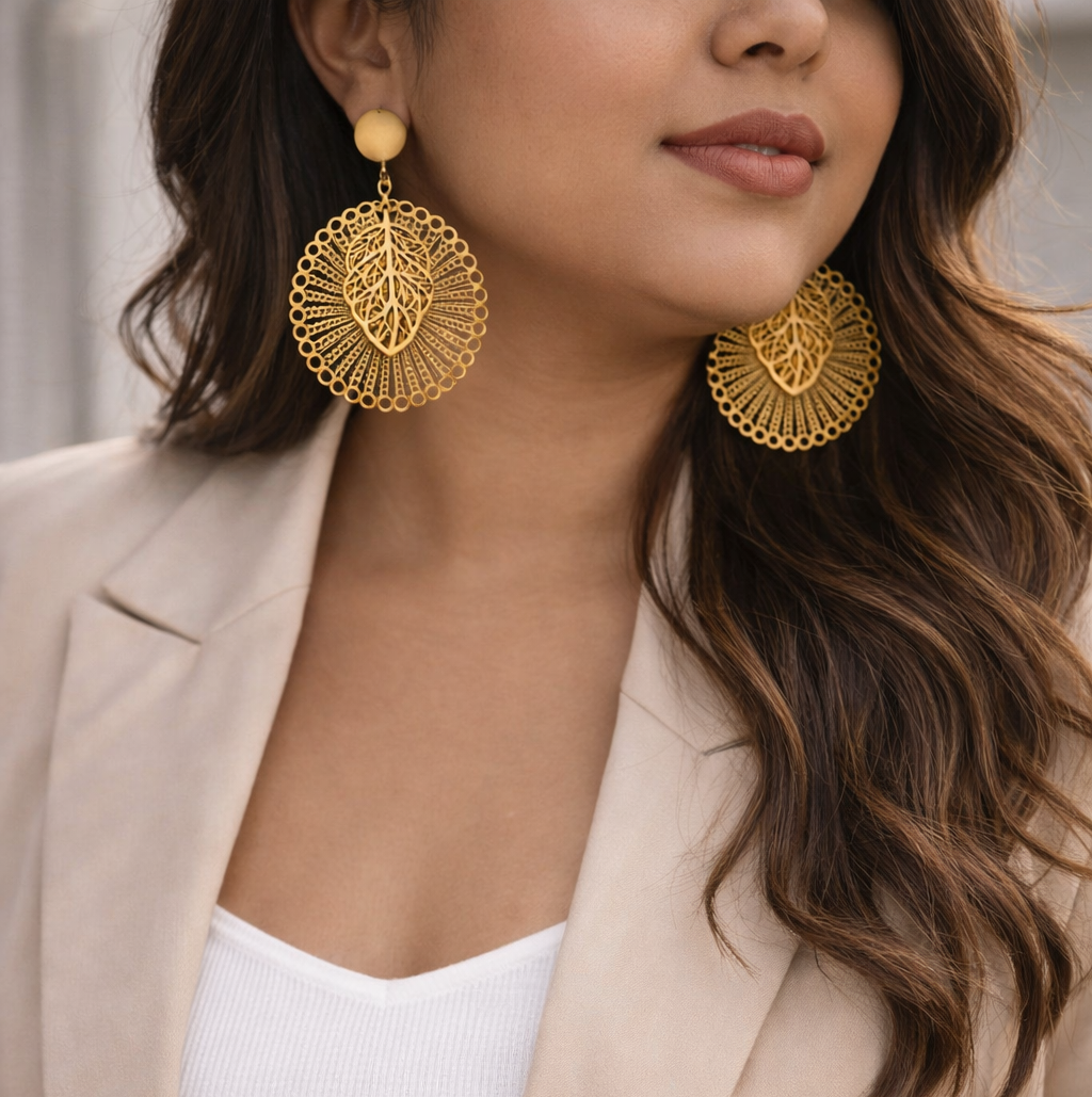 Golden Dangle Earrings with Round Mandala & Leaf