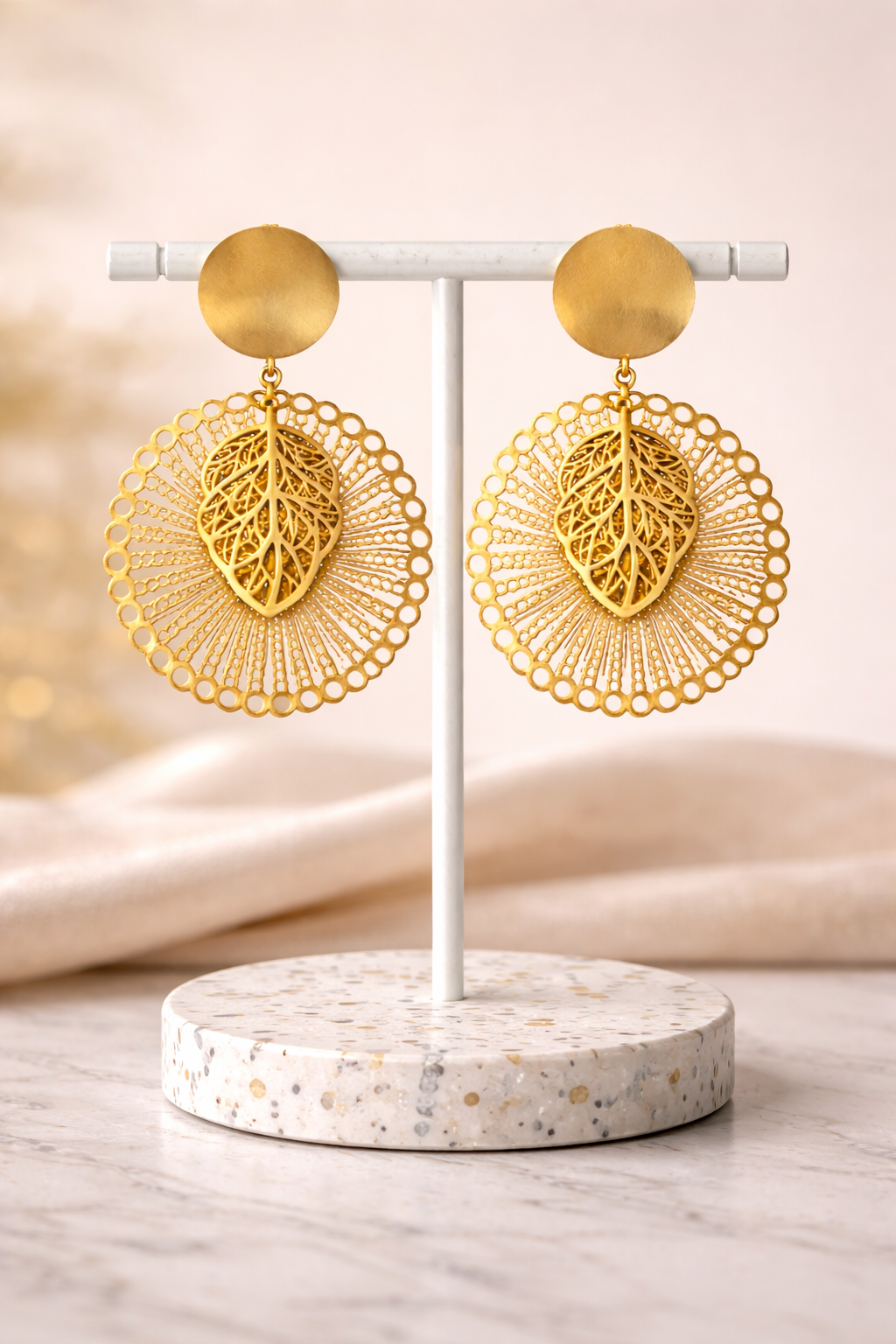 Golden Dangle Earrings With Round Mandala Leaf |4| Mehrooh