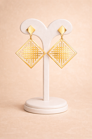 Golden Rhombus Dangle Earrings With Checkers |1| Mehrooh