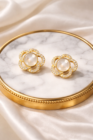 Golden Blossom Pearl Stud Earrings |1| Mehrooh