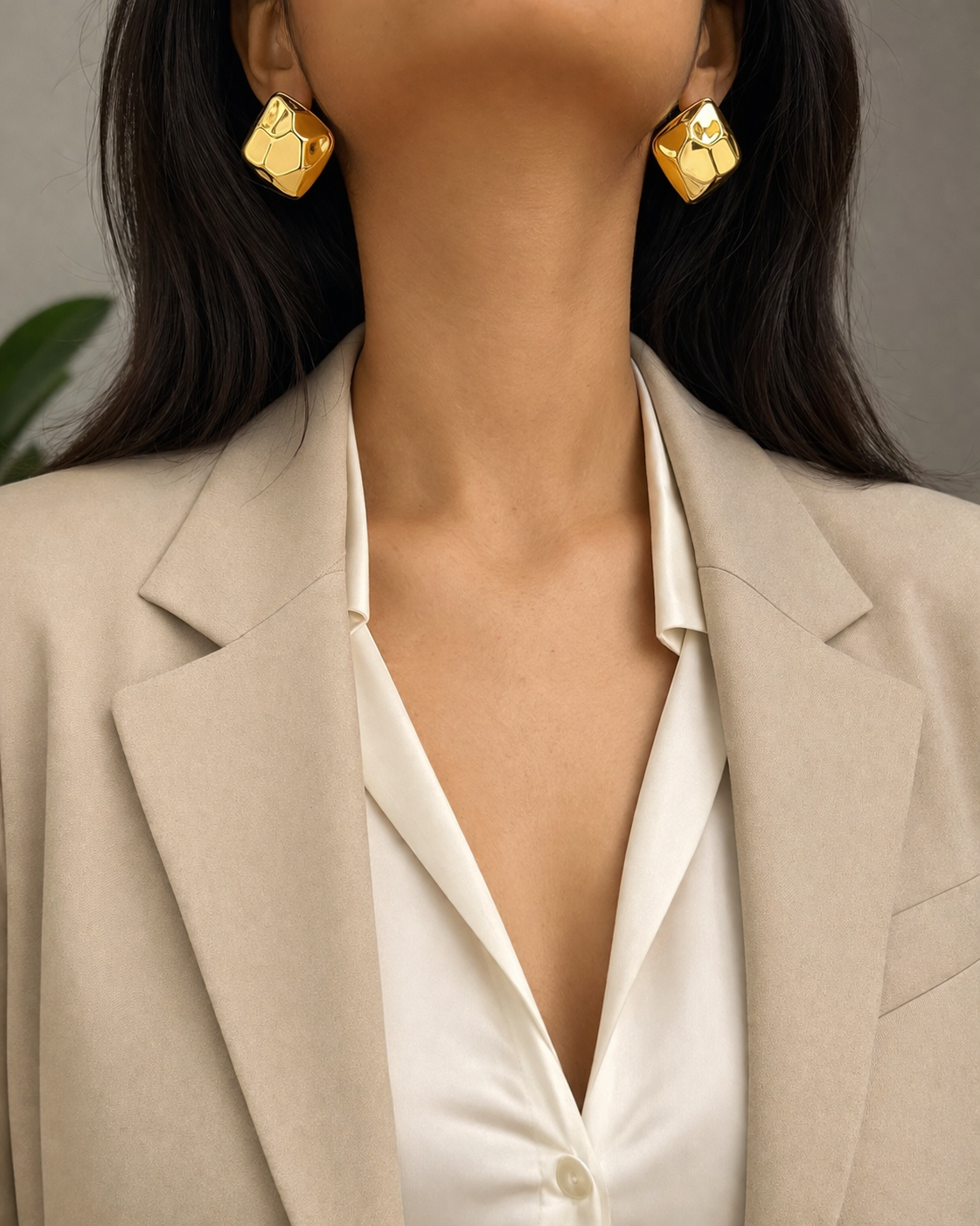 Golden Geometric Stud Earrings with Hammered Texture