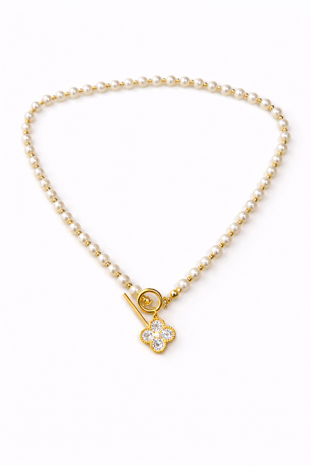 Pearl Necklace with Diamond Clover Pendant