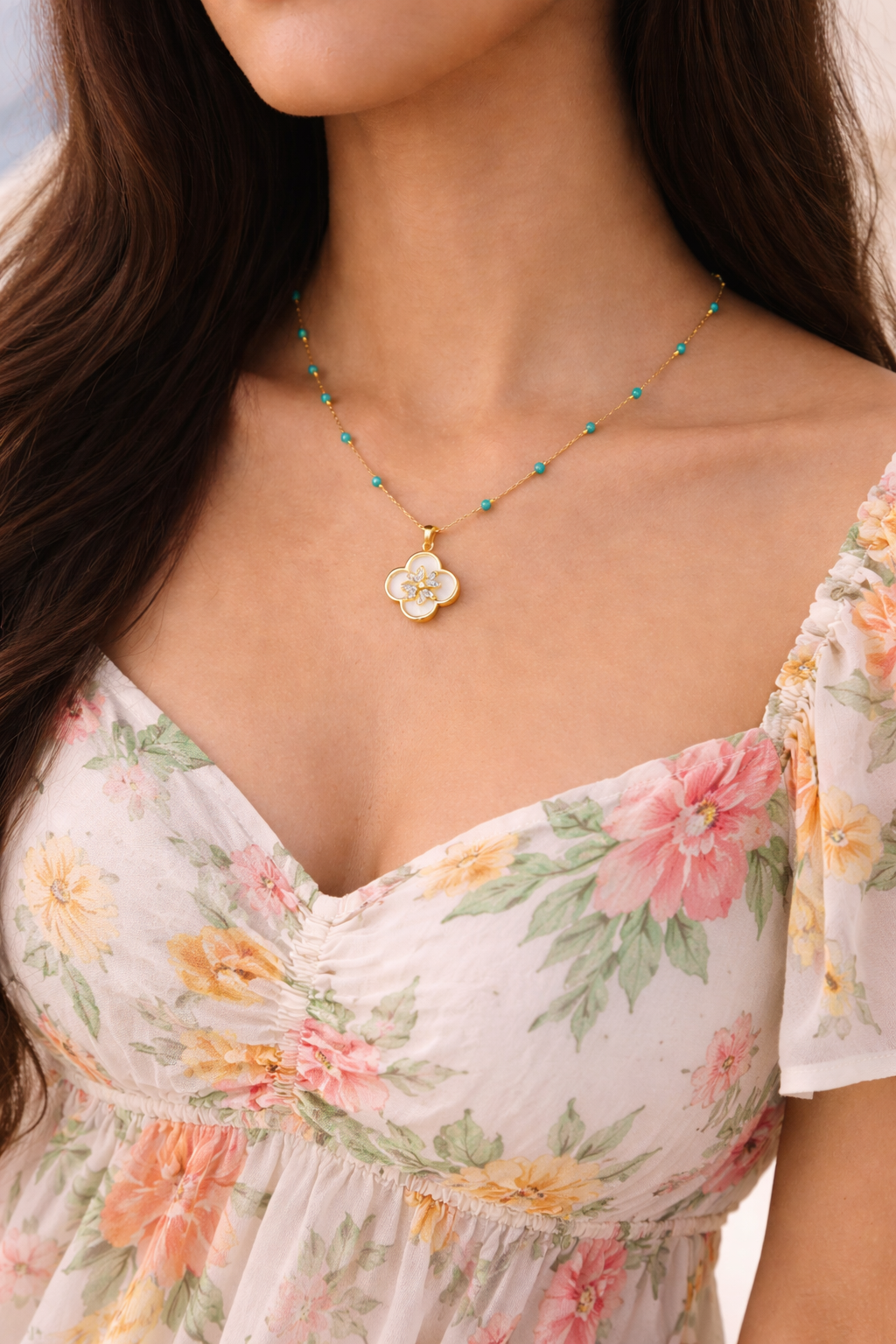 Turquoise Bead Clover Pendant Necklace |4| Mehrooh
