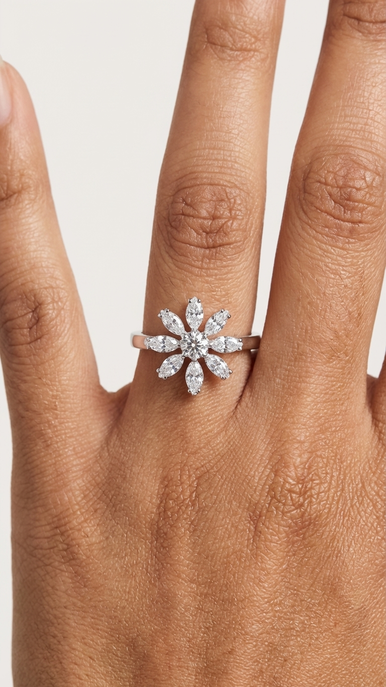 Rotating Silver Flower Diamond Ring |5| Mehrooh