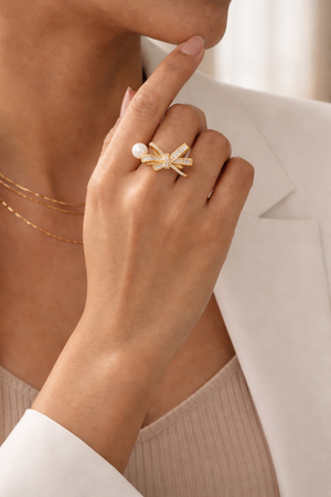 Golden Bow Ring With Pearl And Diamonds |3| Mehrooh