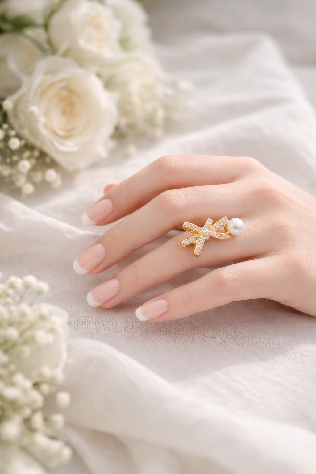 Golden Bow Ring With Pearl And Diamonds |4| Mehrooh