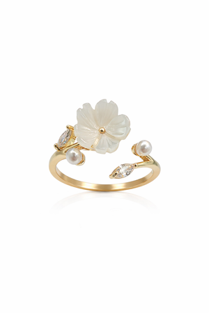 Floral Detail Ring With Crystals Pearl |3| Mehrooh