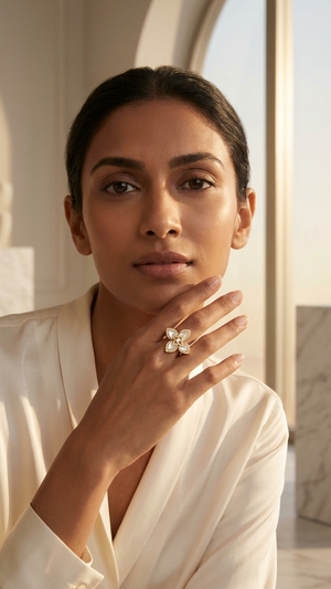 Big Mother Of Pearl Flower Ring With Diamonds |5| Mehrooh