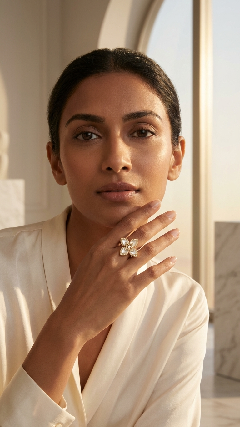 Big Mother Of Pearl Flower Ring With Diamonds |5| Mehrooh