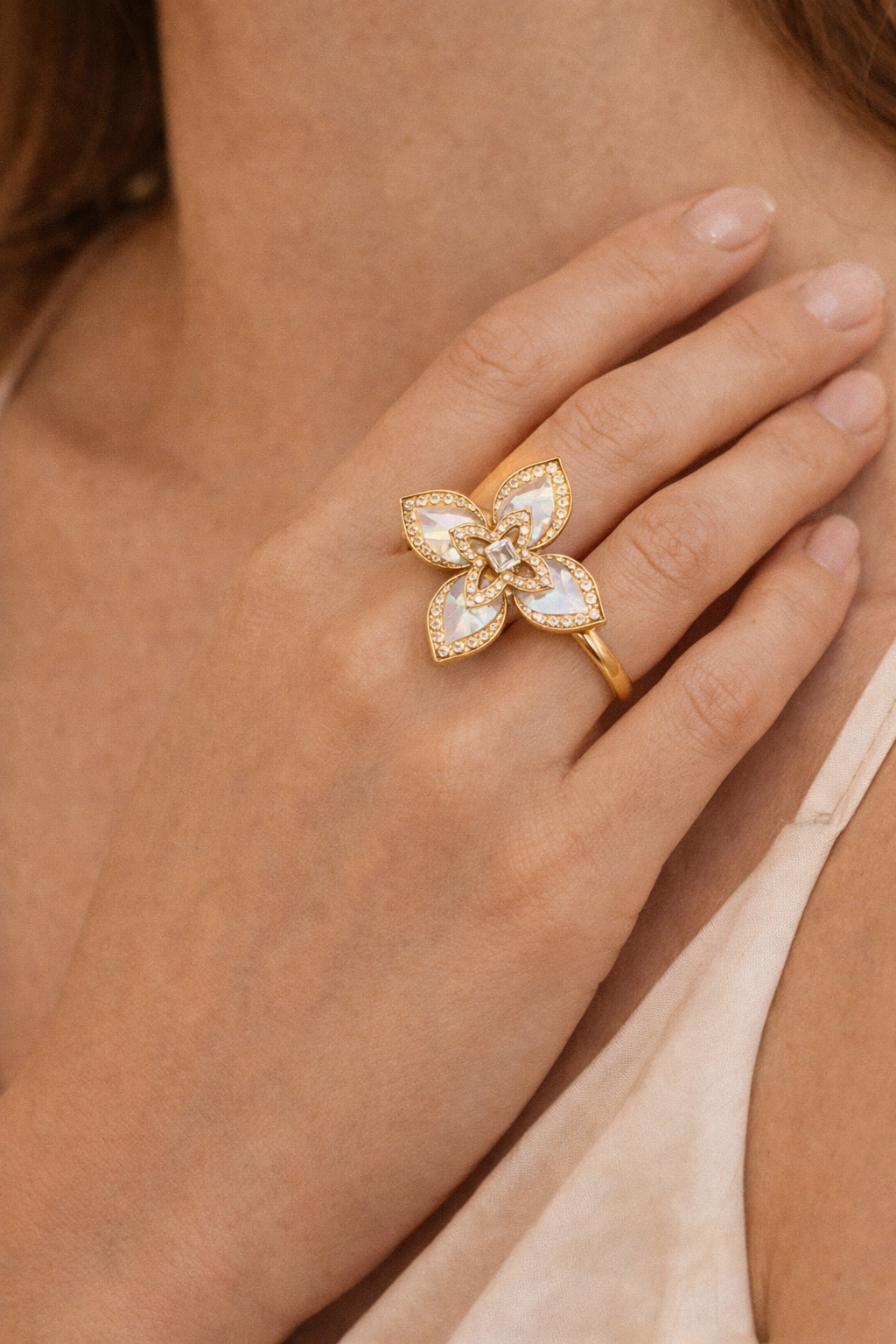 Big Mother Of Pearl Flower Ring With Diamonds |4| Mehrooh